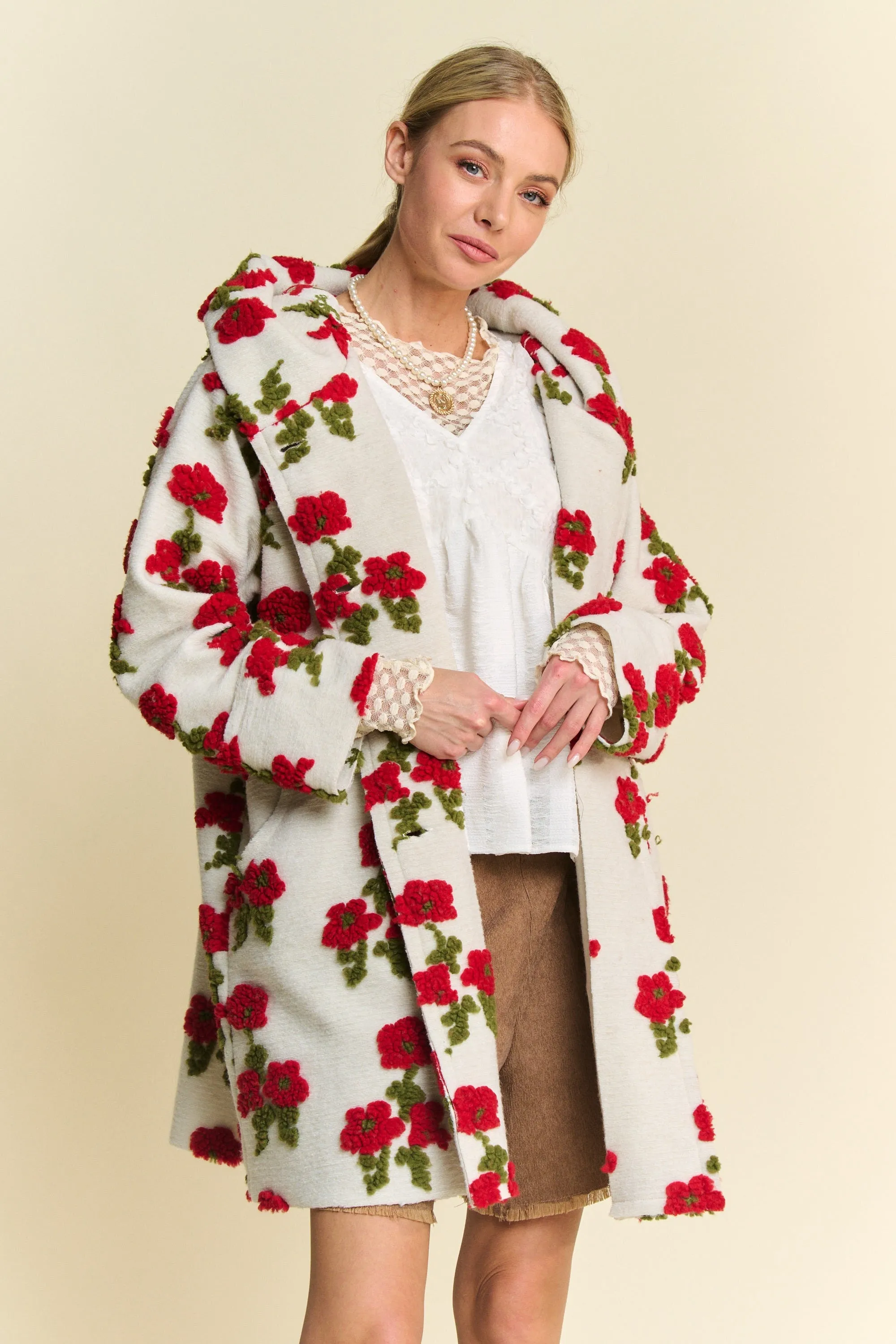 Garnett Floral Chunky Embroidered Long Sleeve Hoodie Coat Jacket