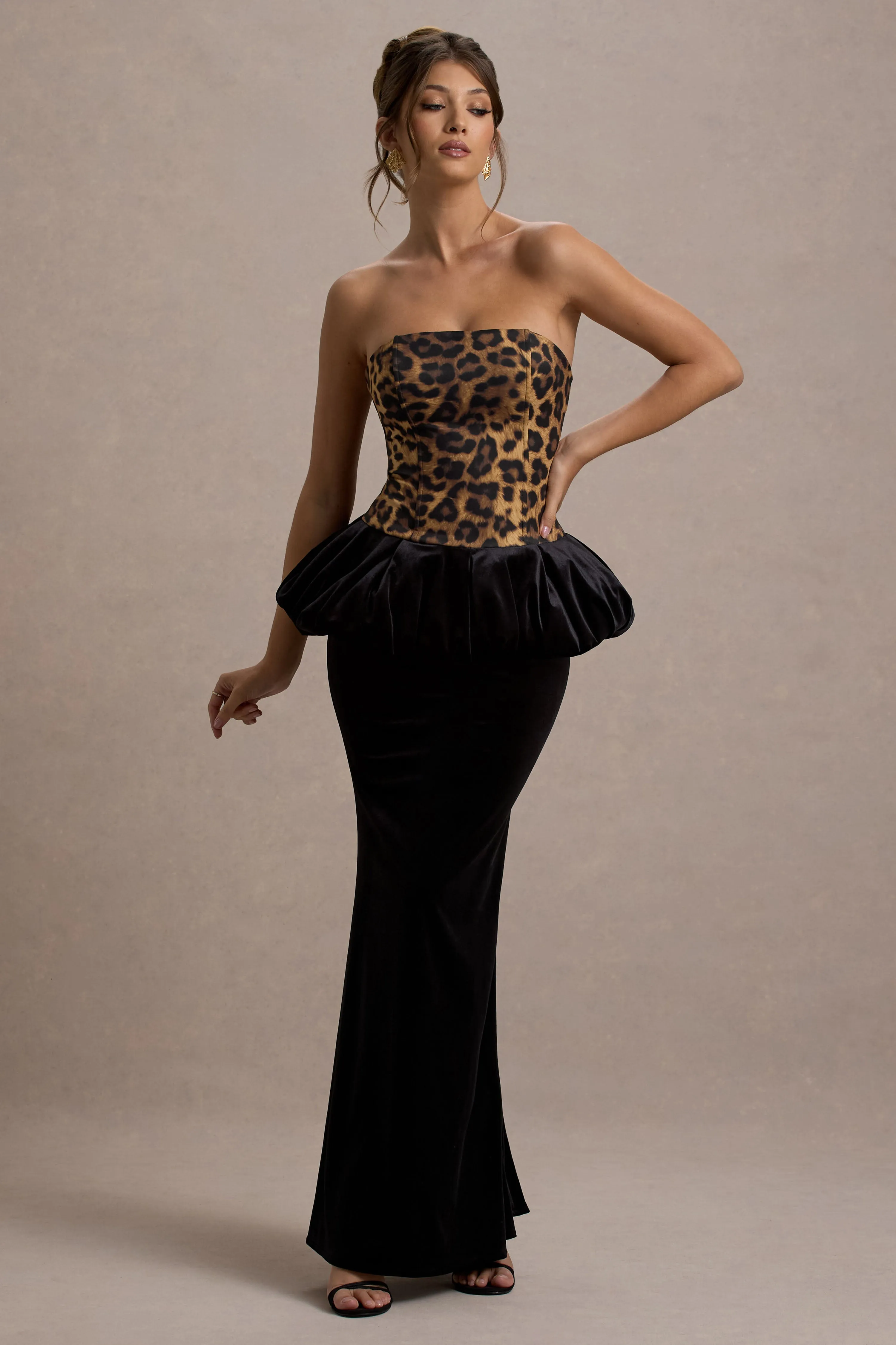 Harriette | Leopard Print Bandeau Maxi Dress With Black Velvet Peplum Skirt