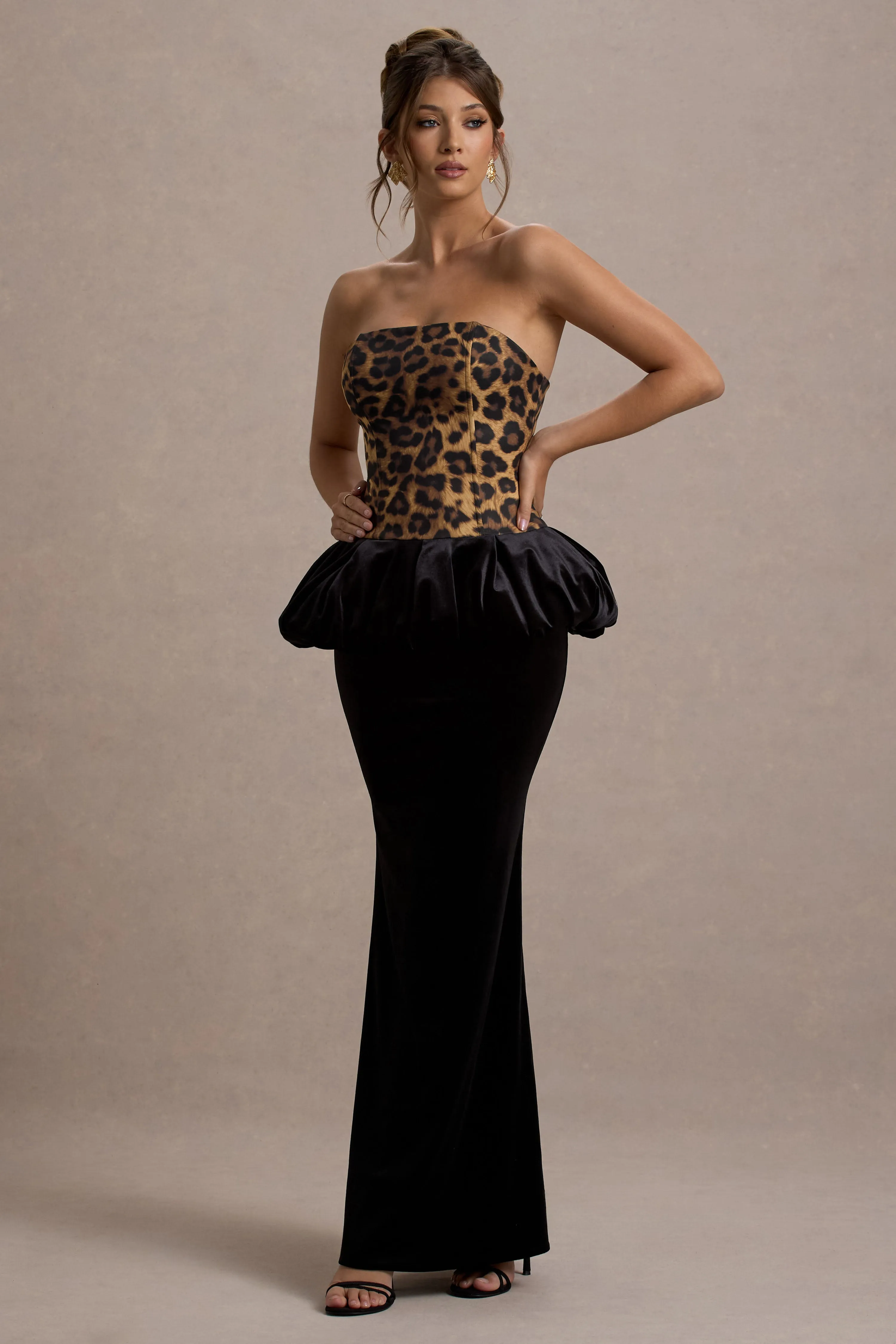 Harriette | Leopard Print Bandeau Maxi Dress With Black Velvet Peplum Skirt