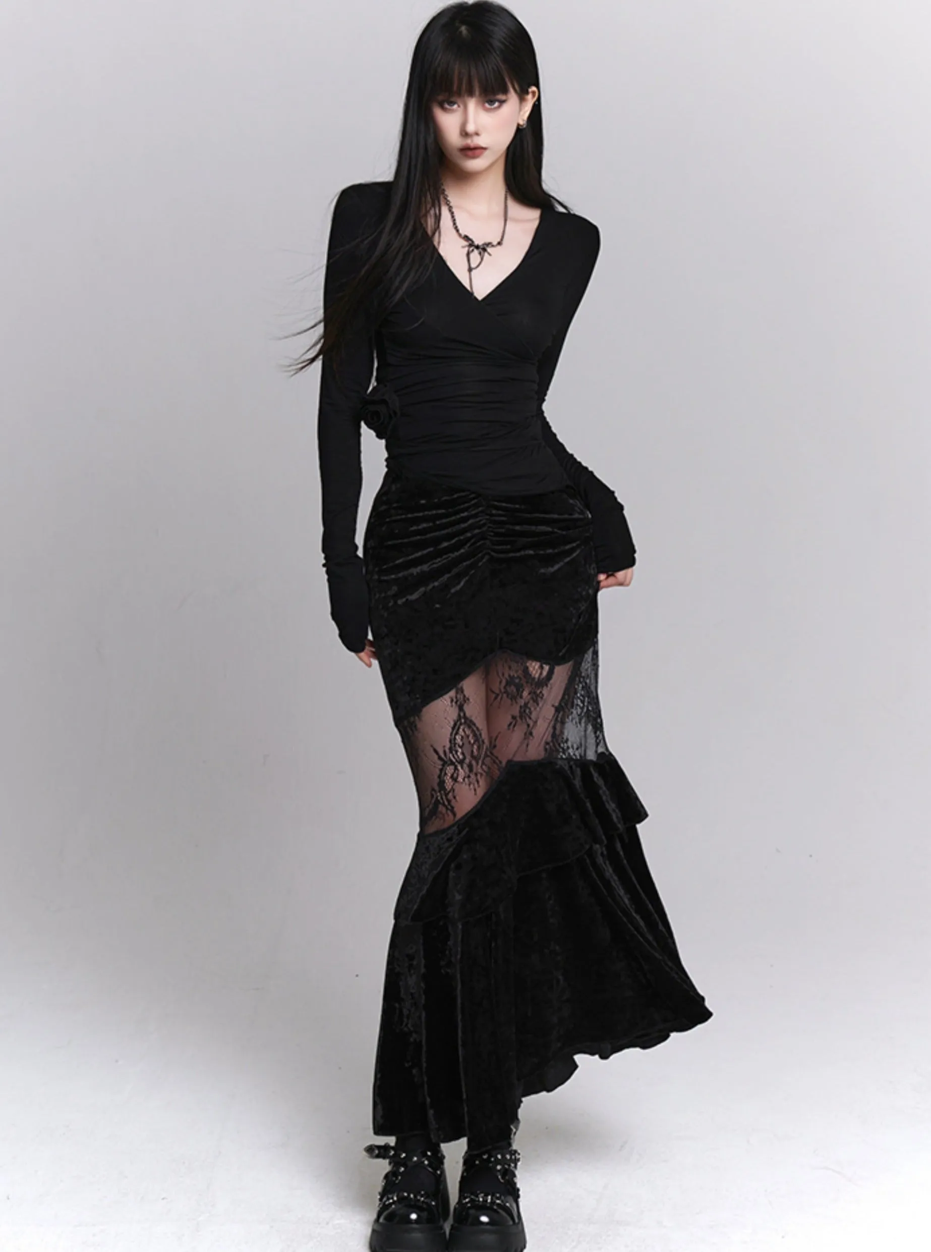 Hip Mermaid Velvet Long Skirt