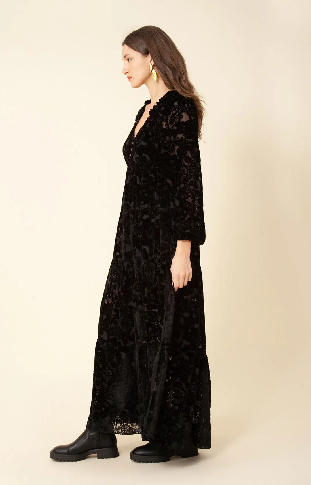 Lina Solid Velvet Burnout Maxi Dress