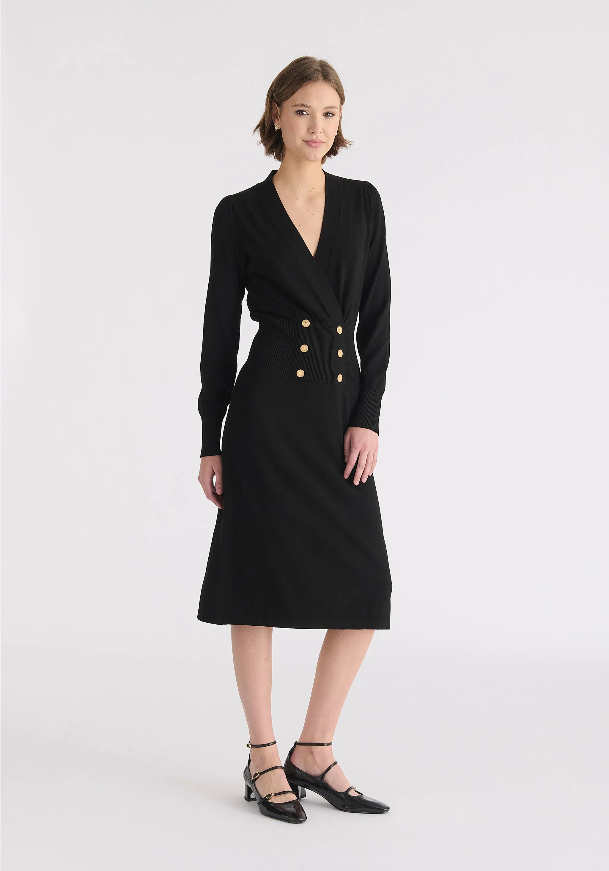 Long Sleeve Knitted Button Wrap Dress