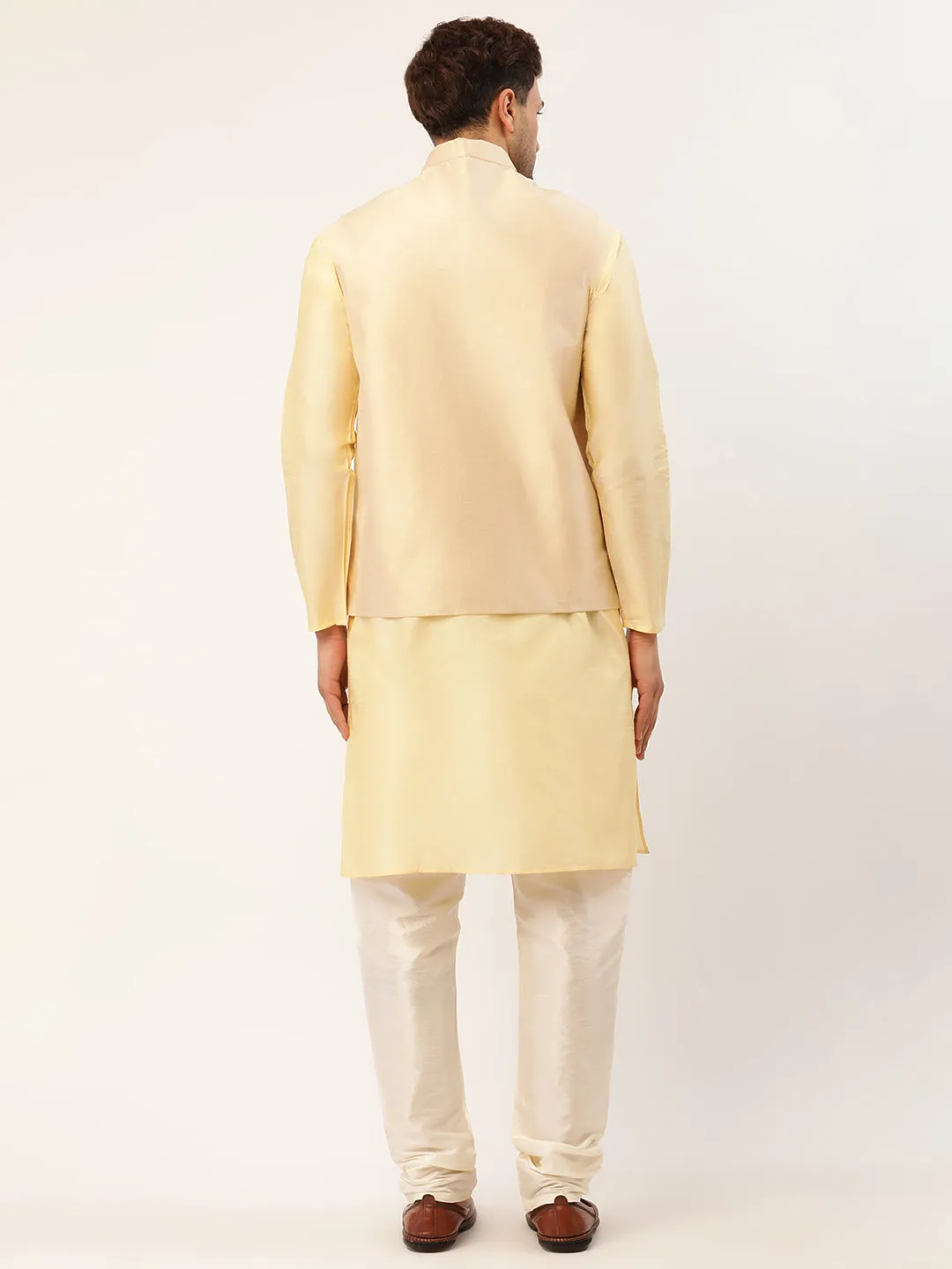 Men's Solid Kurta Pyjama With Cream Embroidered Nehru Jacket