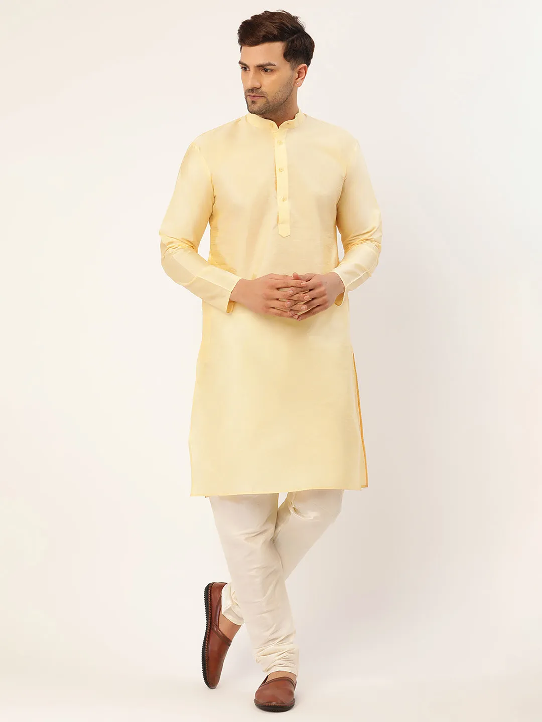 Men's Solid Kurta Pyjama With Cream Embroidered Nehru Jacket