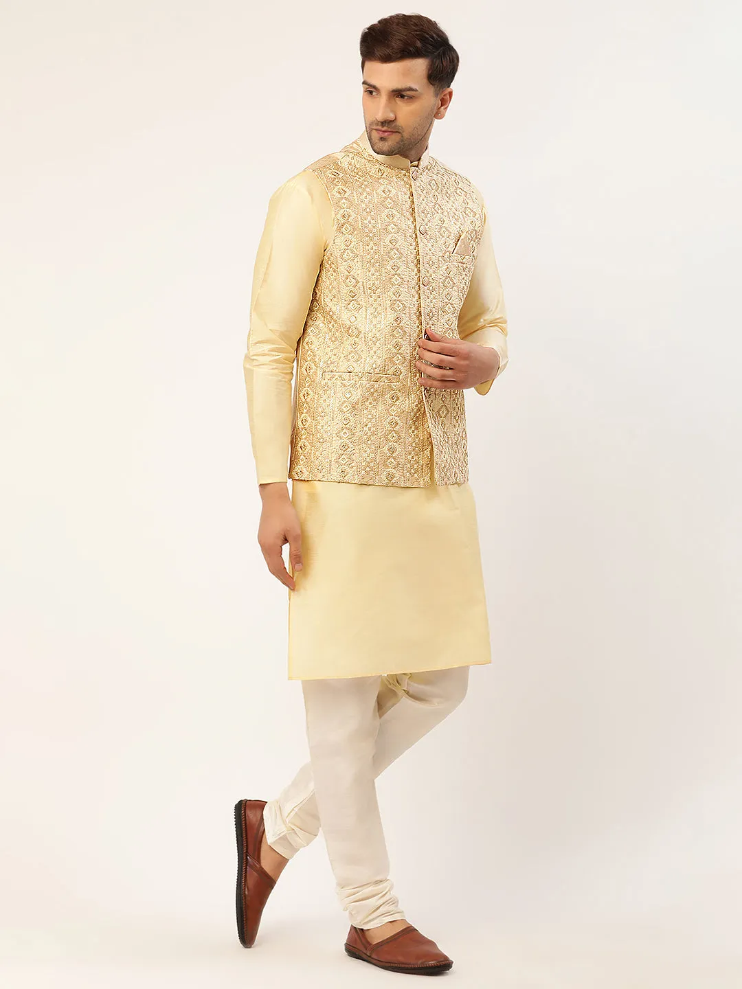 Men's Solid Kurta Pyjama With Cream Embroidered Nehru Jacket