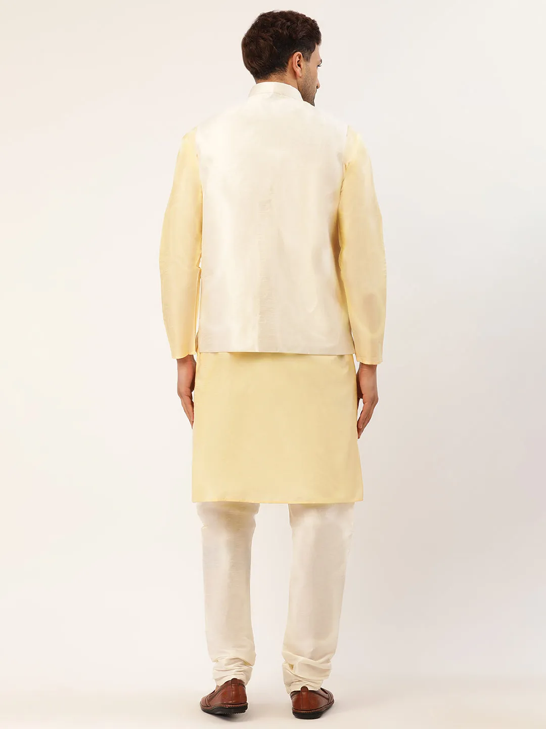 Men's Solid Kurta Pyjama With White Embroidered Nehru Jacket