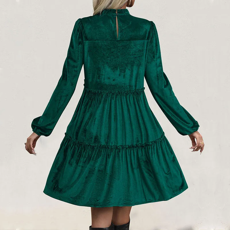 METAVERSMALL new long-sleeved solid color dress dark green velvet mid-skirt ruffle edge women's skirt