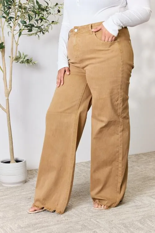 Mocha Color Fringed Hem Wide Leg Jeans