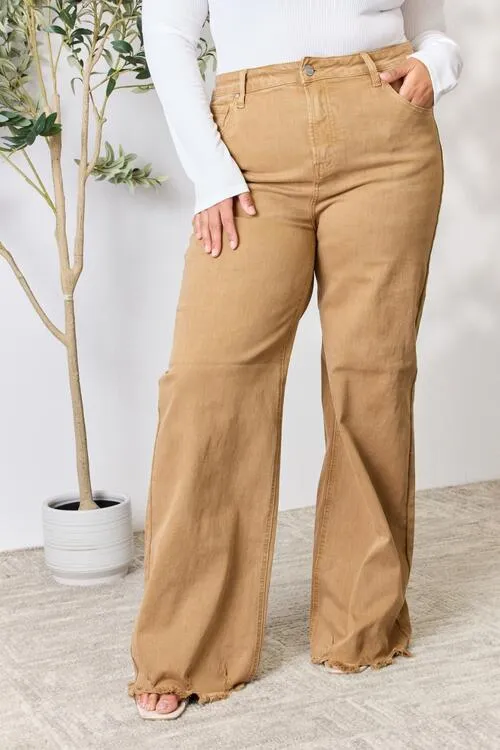 Mocha Color Fringed Hem Wide Leg Jeans