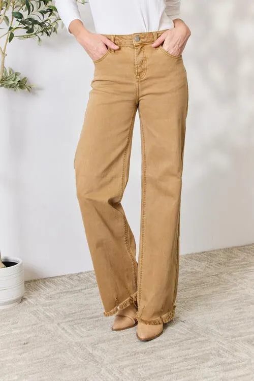 Mocha Color Fringed Hem Wide Leg Jeans