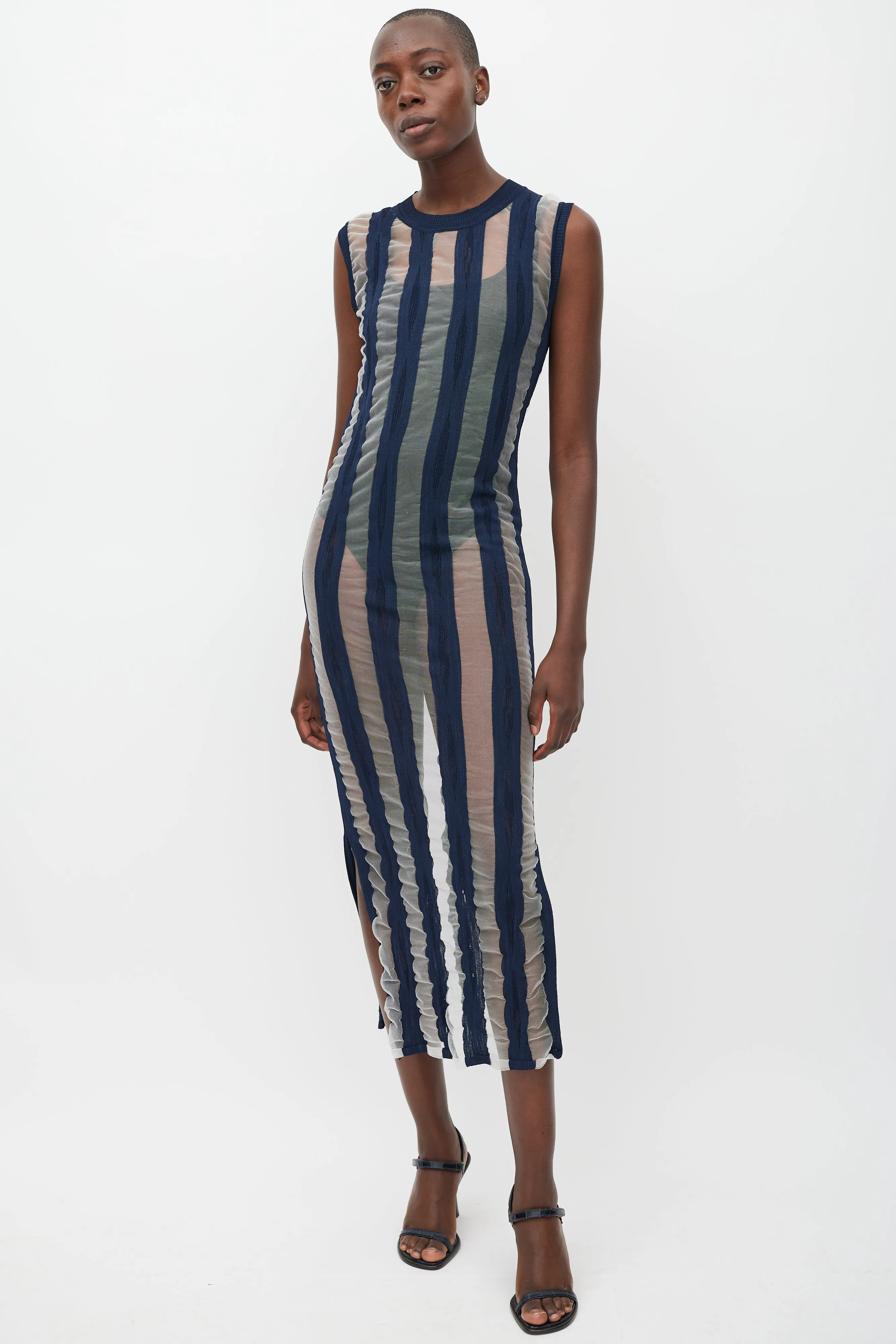 Navy & White Striped Sheer Dress