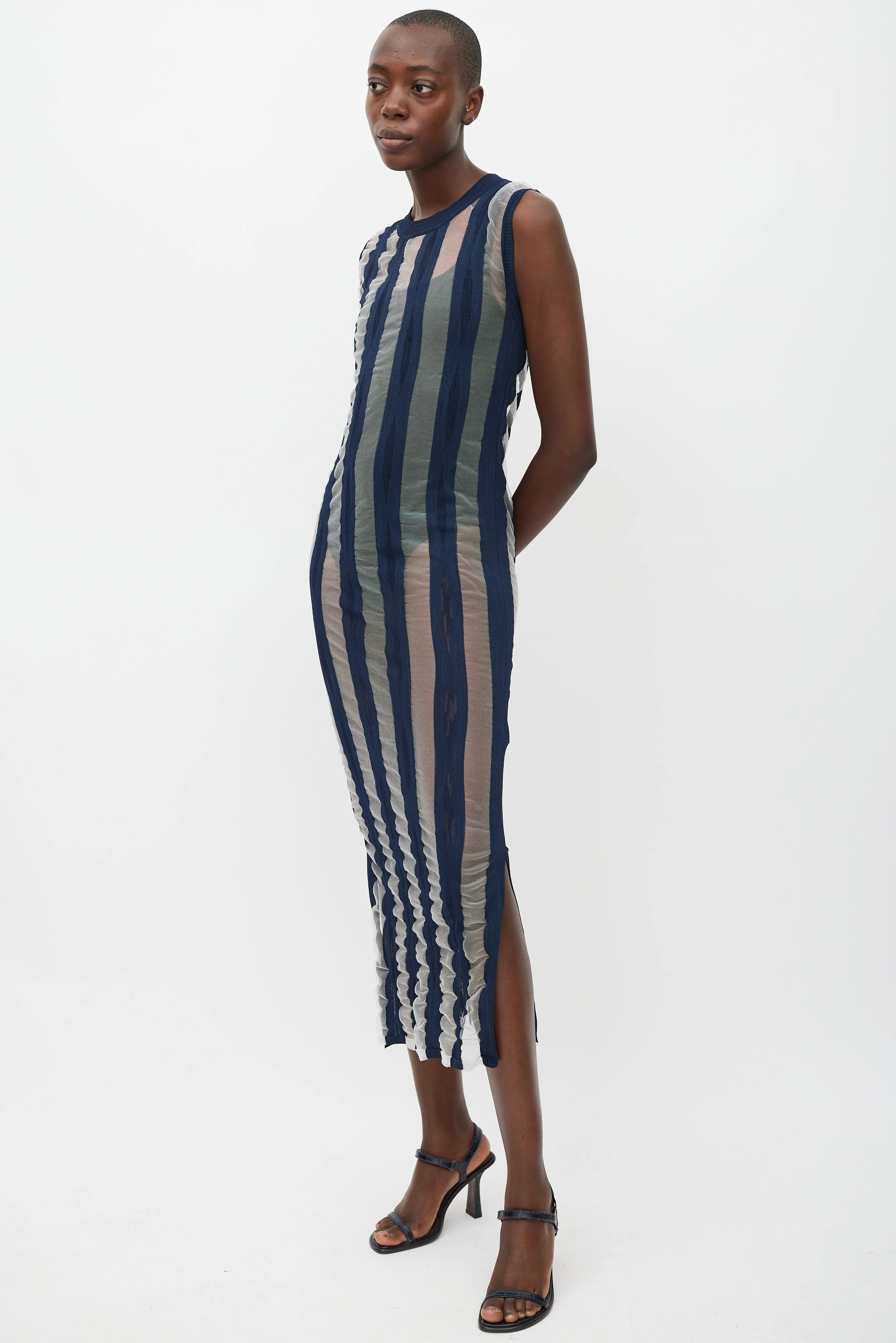 Navy & White Striped Sheer Dress