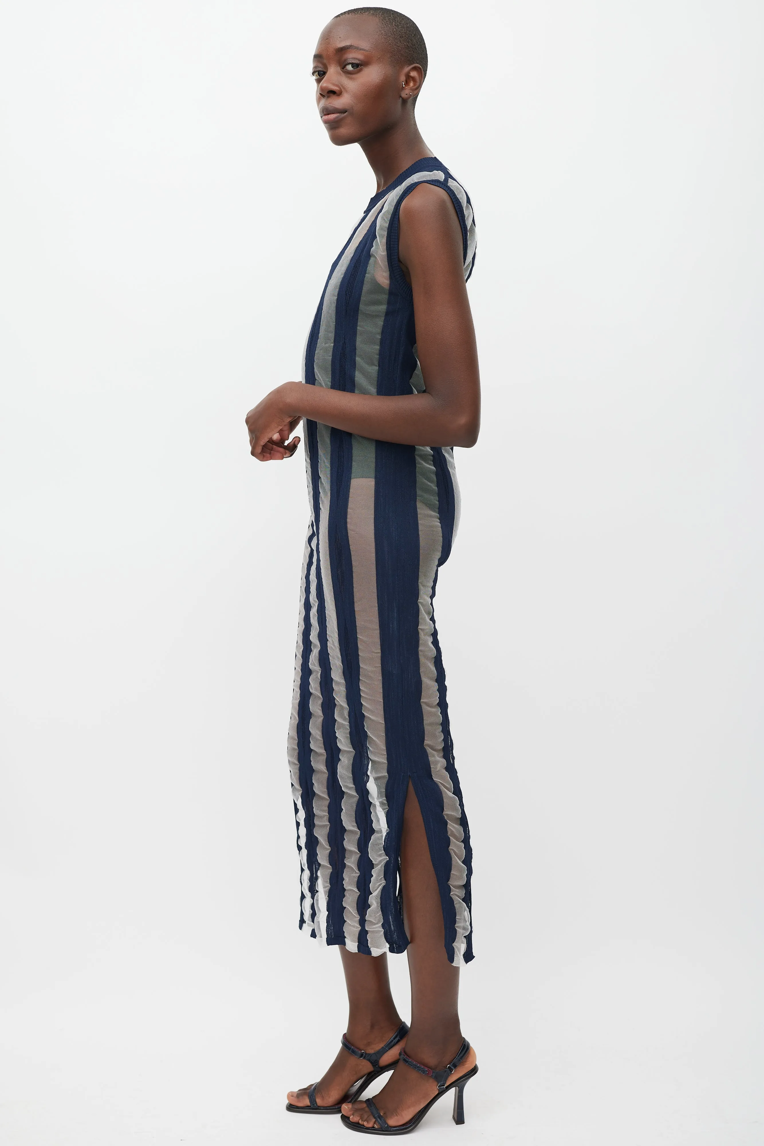 Navy & White Striped Sheer Dress