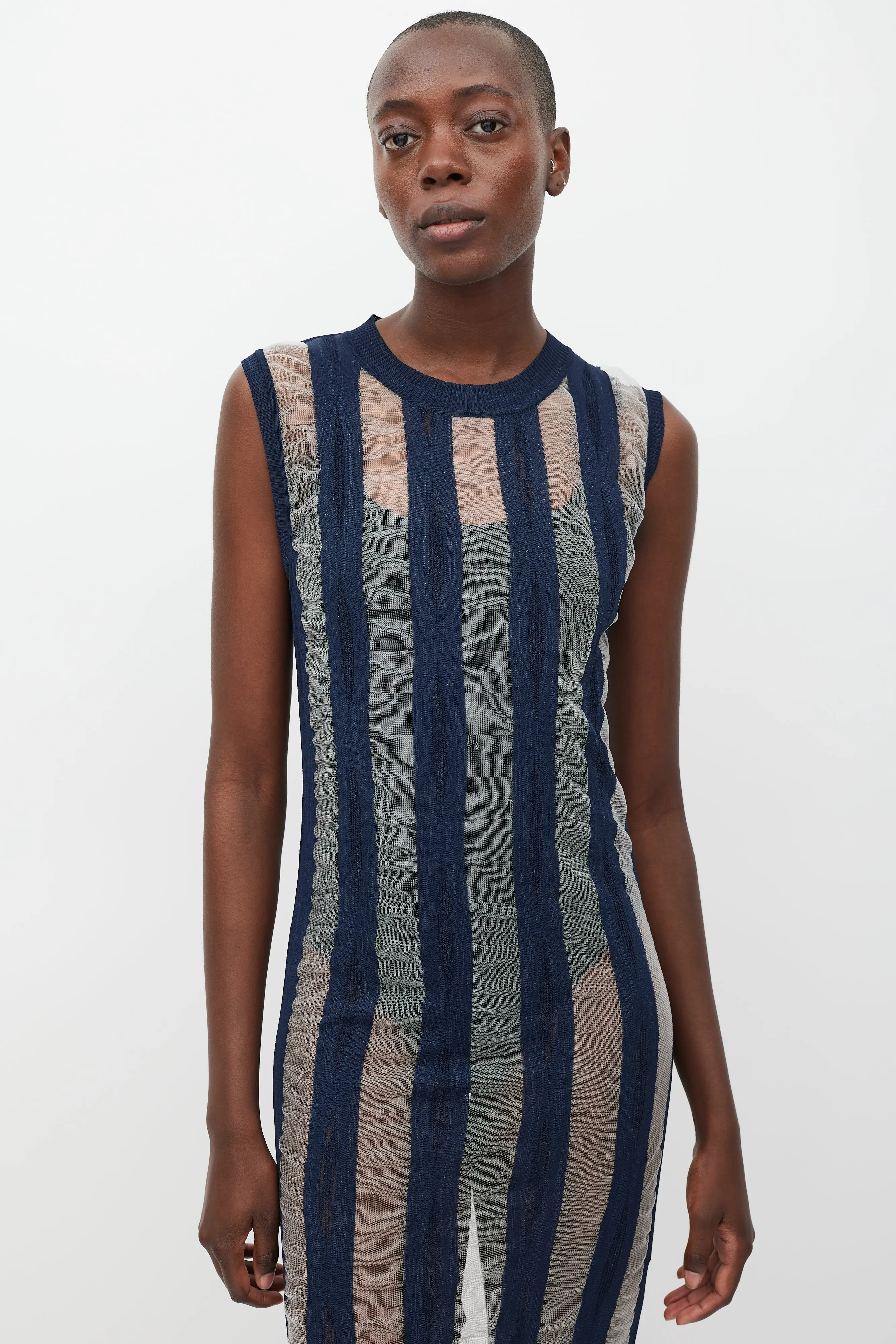 Navy & White Striped Sheer Dress