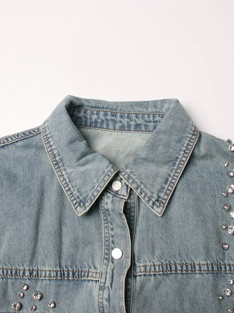 Patchwork Diamonds Temperament Denim Jackets For Women Lapel Long Sleeve Spliced Single Breasted Chic Jacket Female