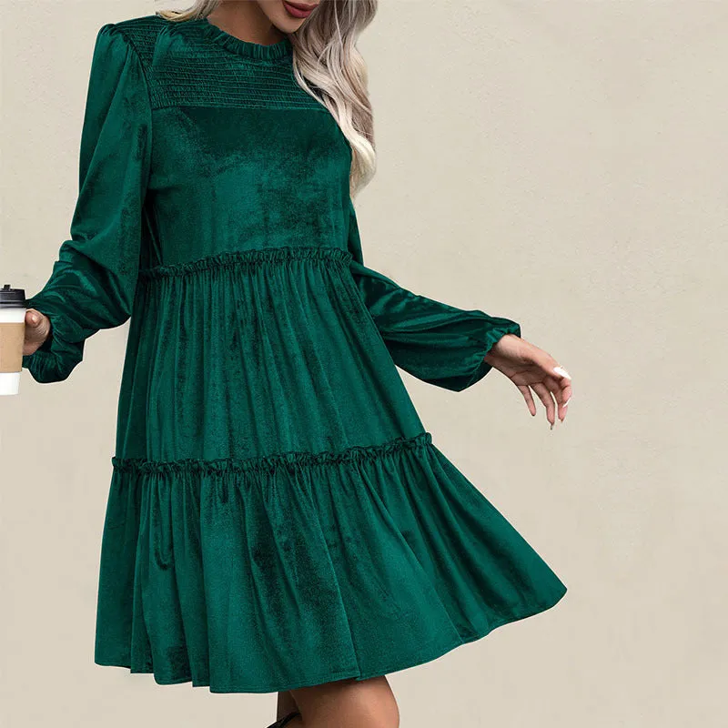 PEOPLETERRITORY   new long-sleeved solid color dress dark green velvet mid-skirt ruffle edge women's skirt