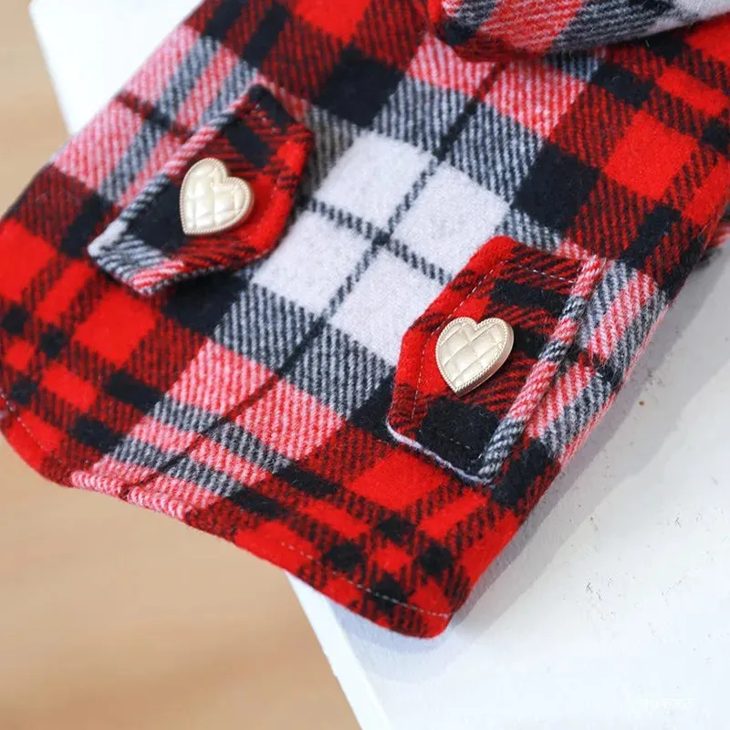 Pet Clothes Dog Cat Autumn and Winter Thickened Warm Red Plaid Hat Coat Windbreaker Suitable for Small and Medium sized Dogs 1PC