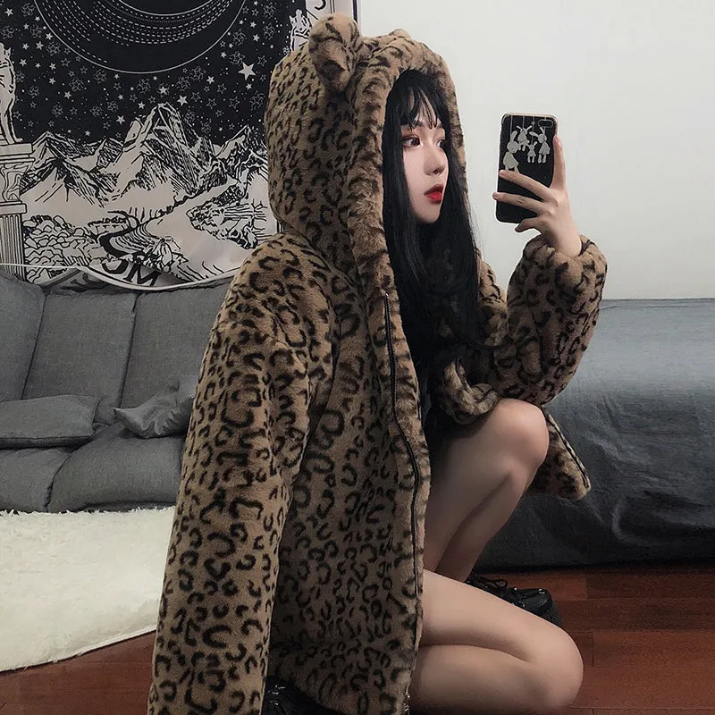 Plush leopard coat KF9544