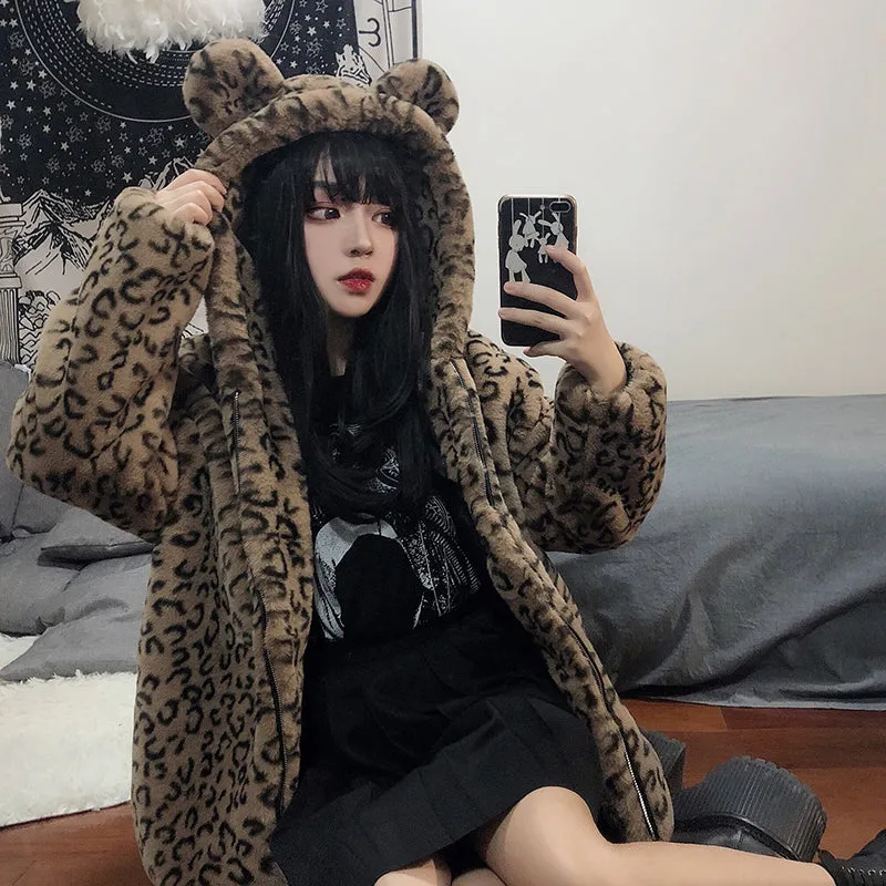 Plush leopard coat KF9544