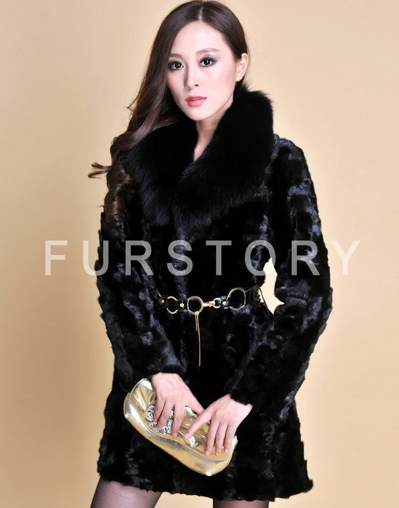 Real Mink Fur Coat Fox Fur Collar Jacket Overcoat Ladies' Garment Black FS13061