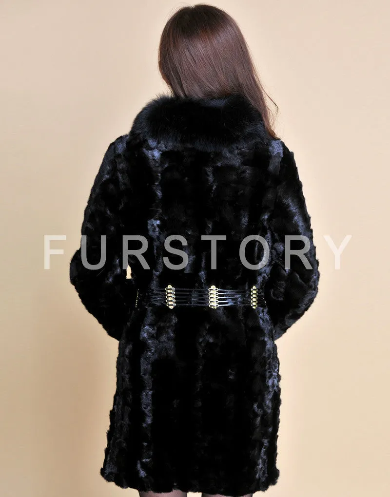 Real Mink Fur Coat Fox Fur Collar Jacket Overcoat Ladies' Garment Black FS13061