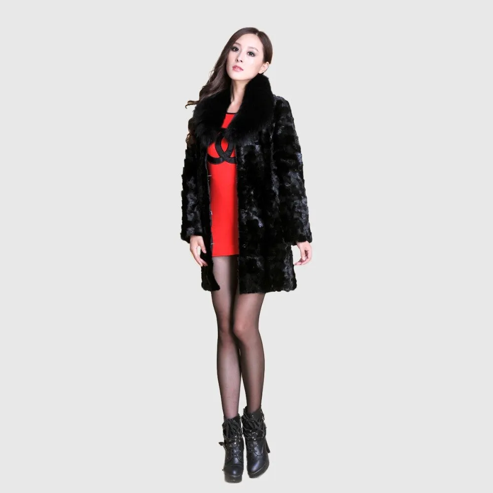 Real Mink Fur Coat Fox Fur Collar Jacket Overcoat Ladies' Garment Black FS13061