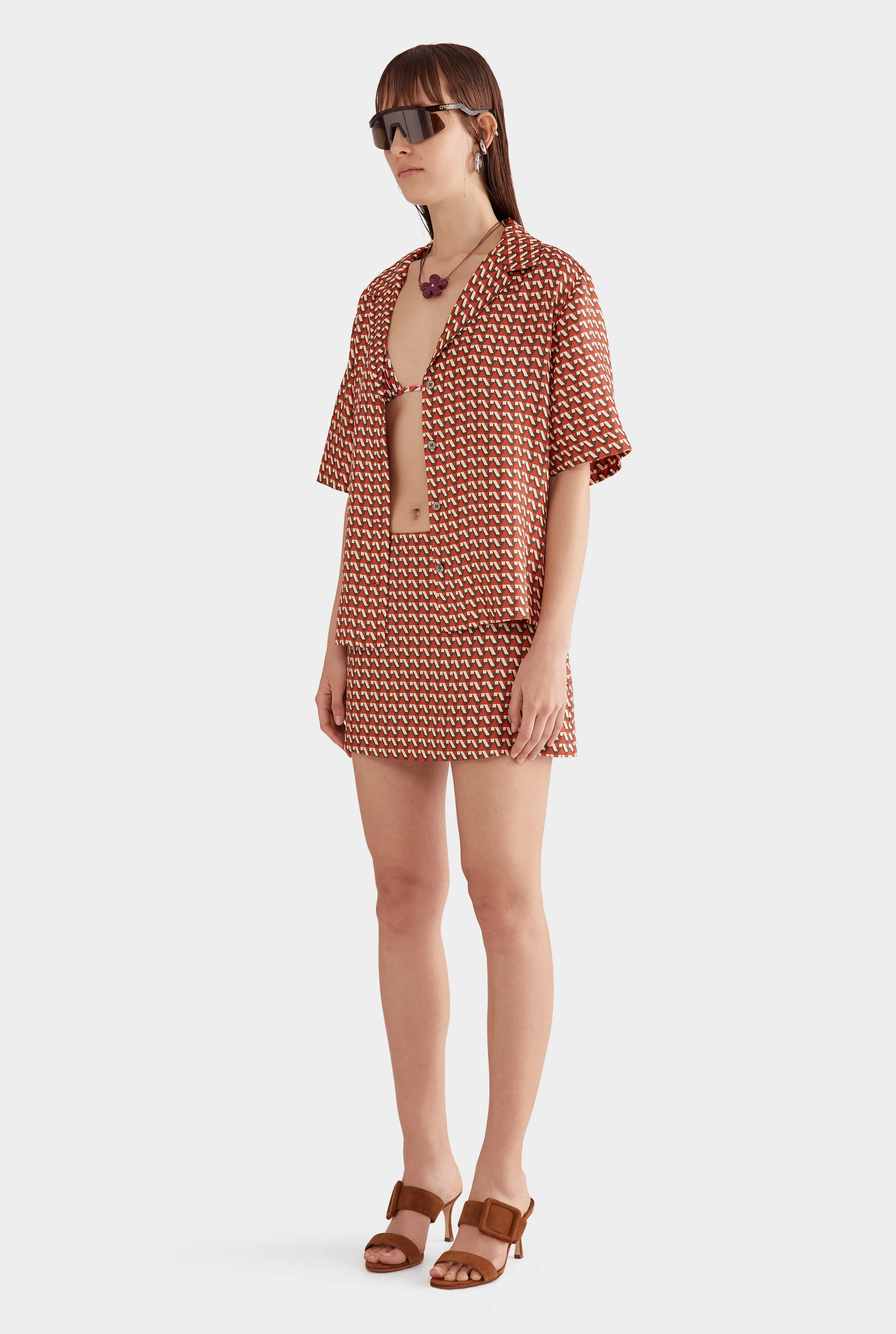 Relaxed Silk Camp Collar Shirt - Cocoa/Red V Monogram