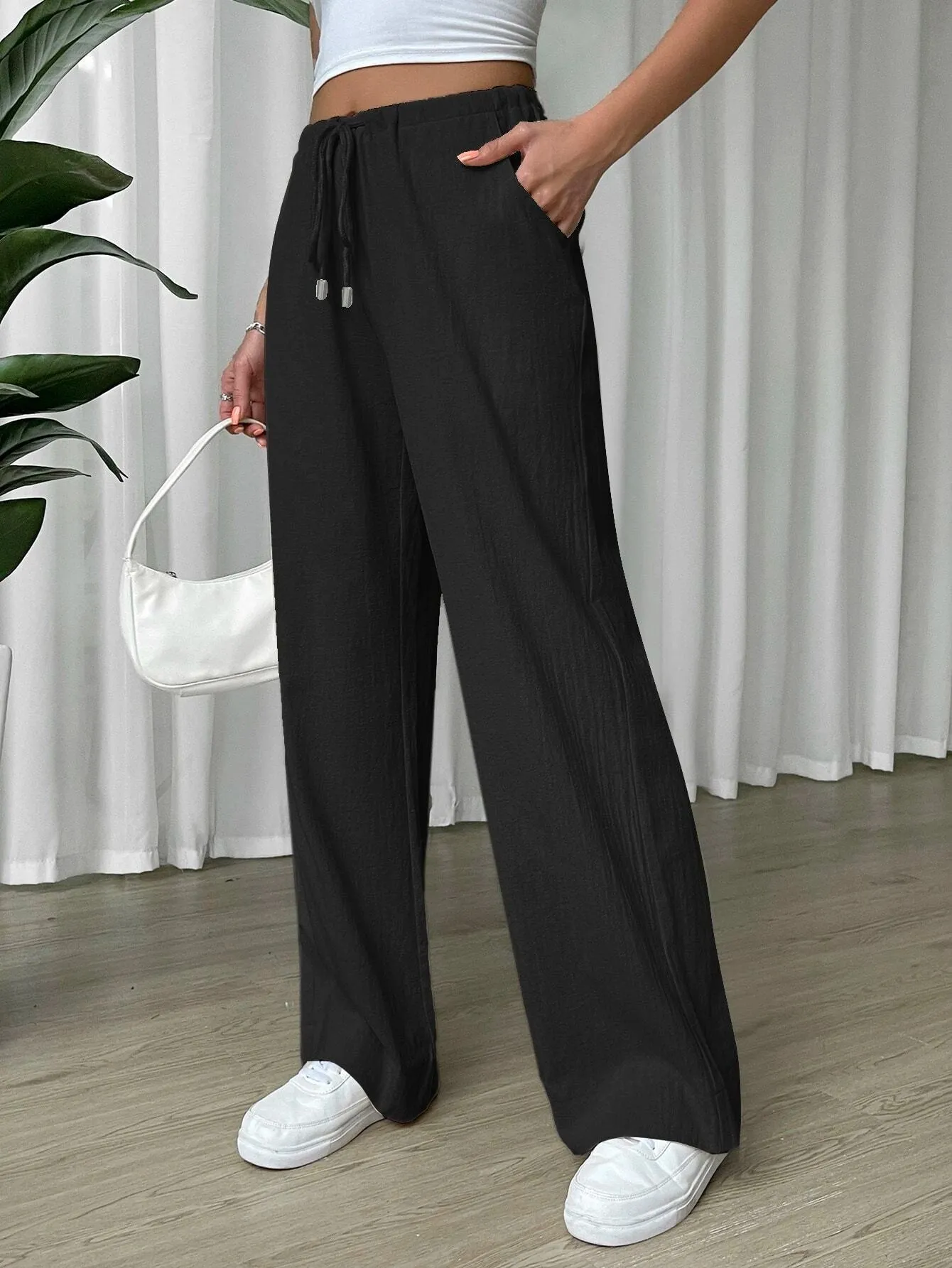 SHEIN EZwear Linen Drawstring Waist Slant Pocket Wide Leg Pants