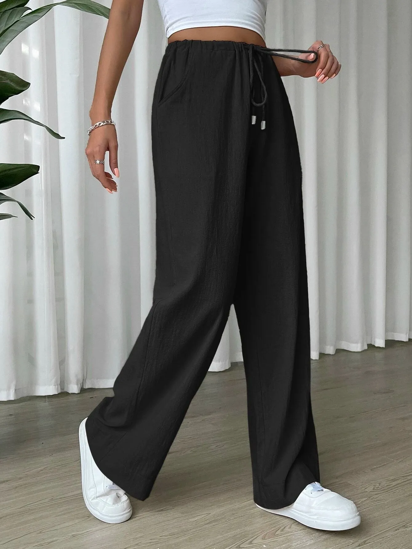 SHEIN EZwear Linen Drawstring Waist Slant Pocket Wide Leg Pants