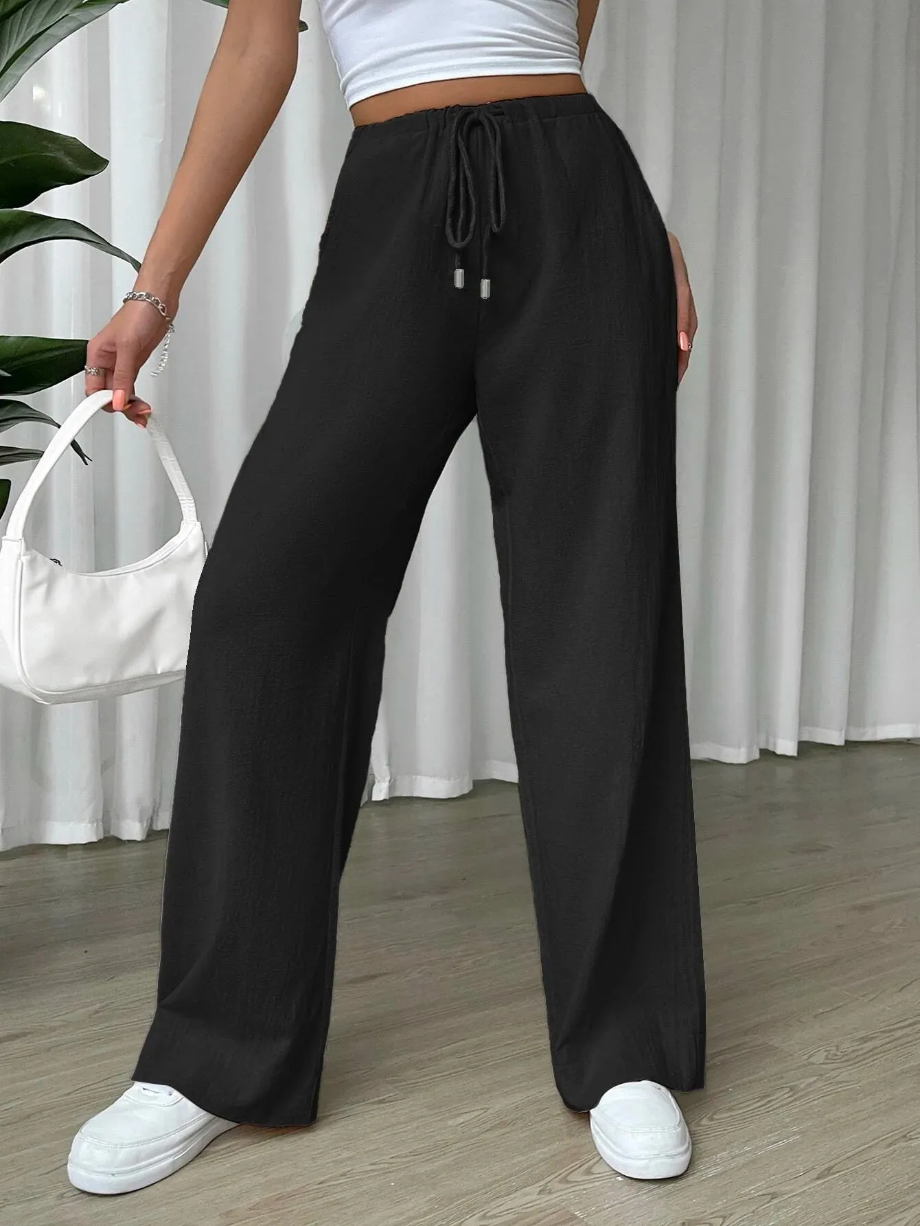 SHEIN EZwear Linen Drawstring Waist Slant Pocket Wide Leg Pants