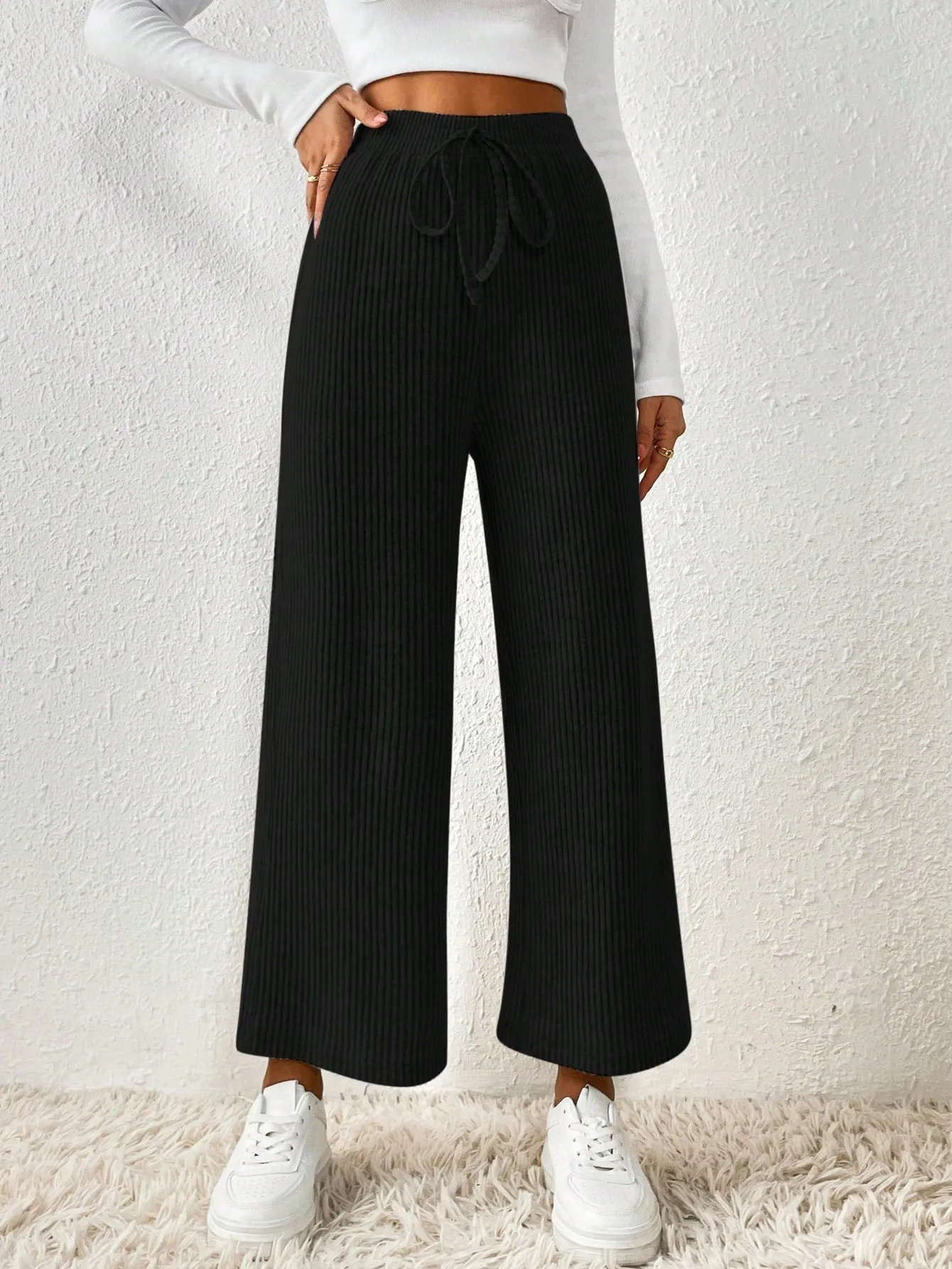 SHEIN Frenchy Solid Knot Waist Wide Leg Pants