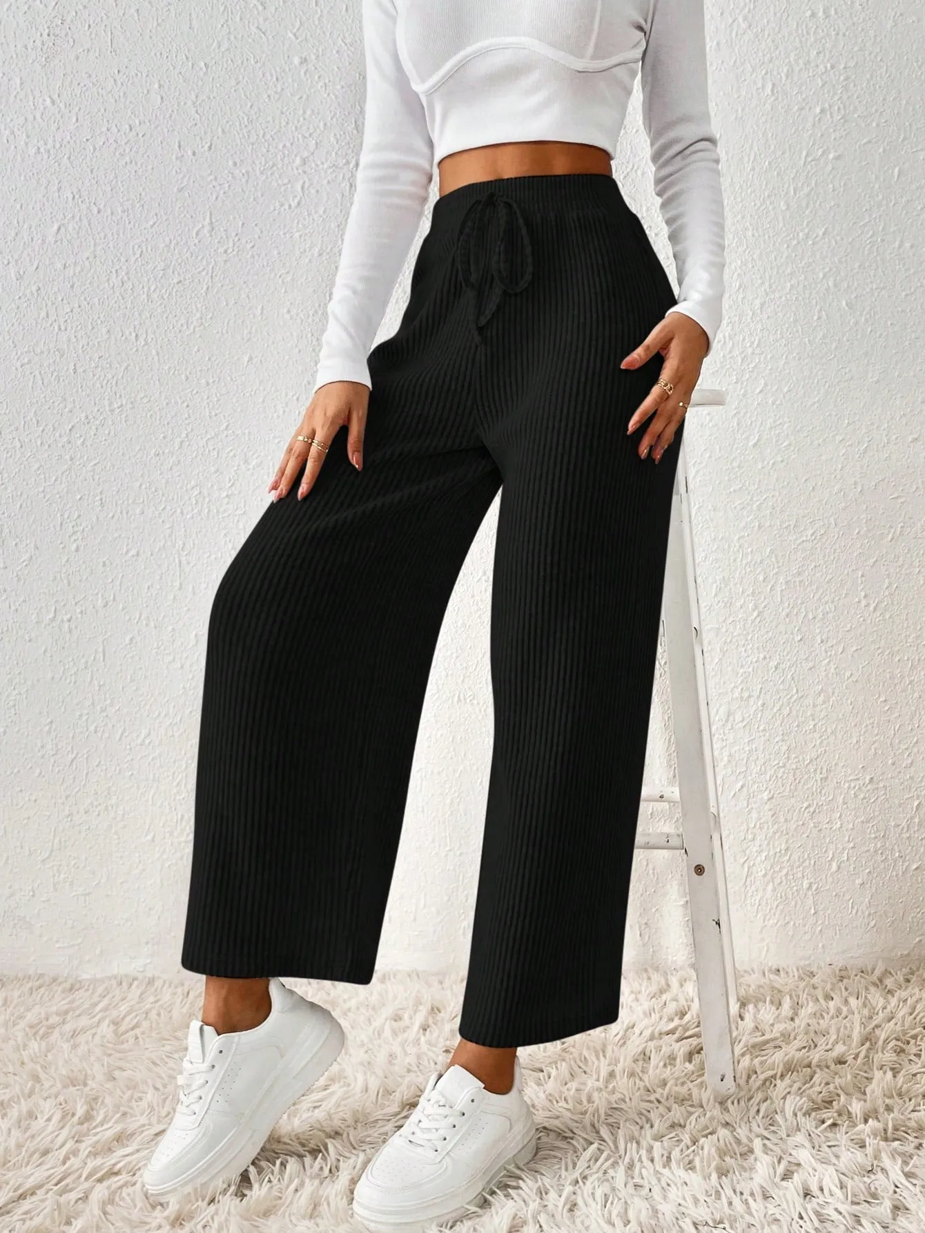 SHEIN Frenchy Solid Knot Waist Wide Leg Pants