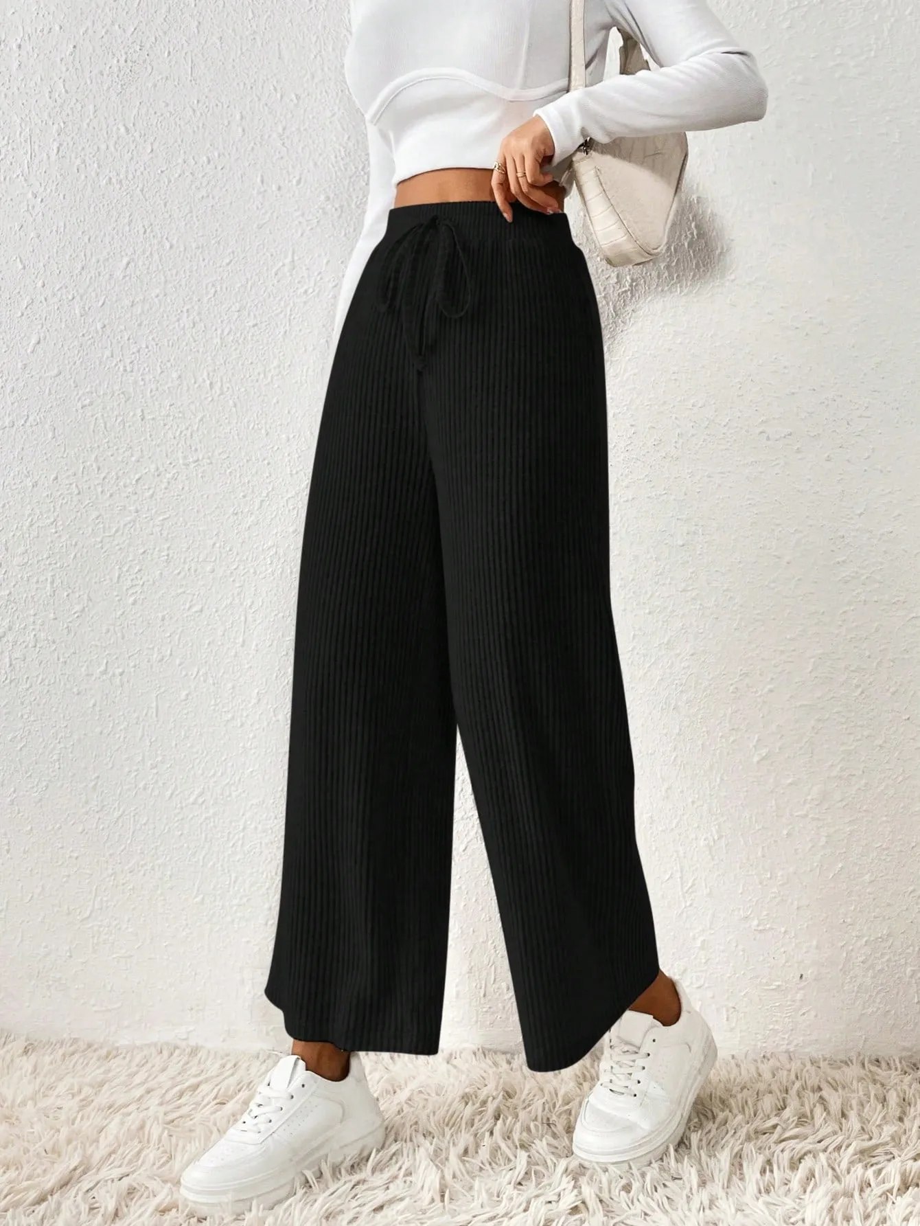 SHEIN Frenchy Solid Knot Waist Wide Leg Pants