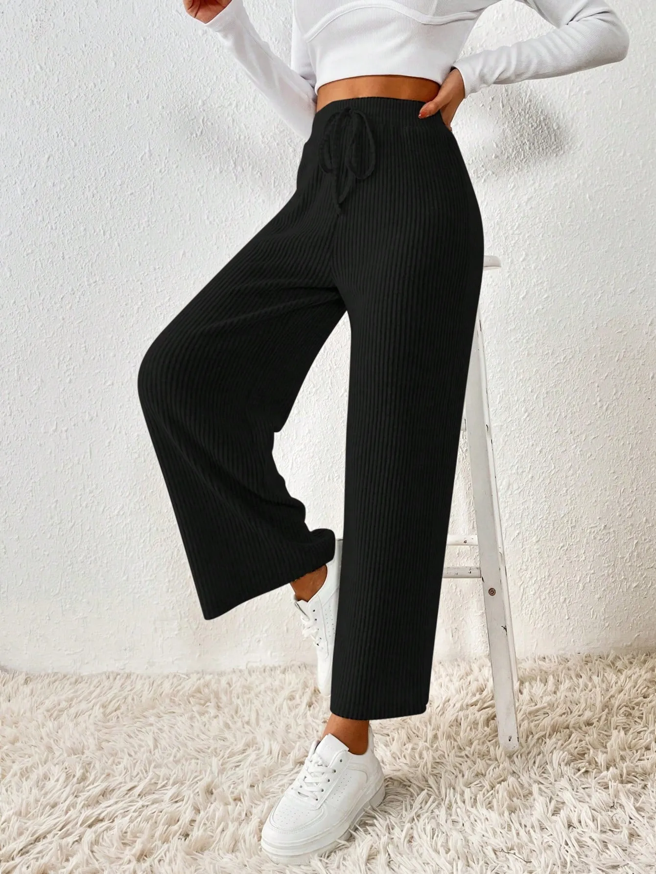 SHEIN Frenchy Solid Knot Waist Wide Leg Pants