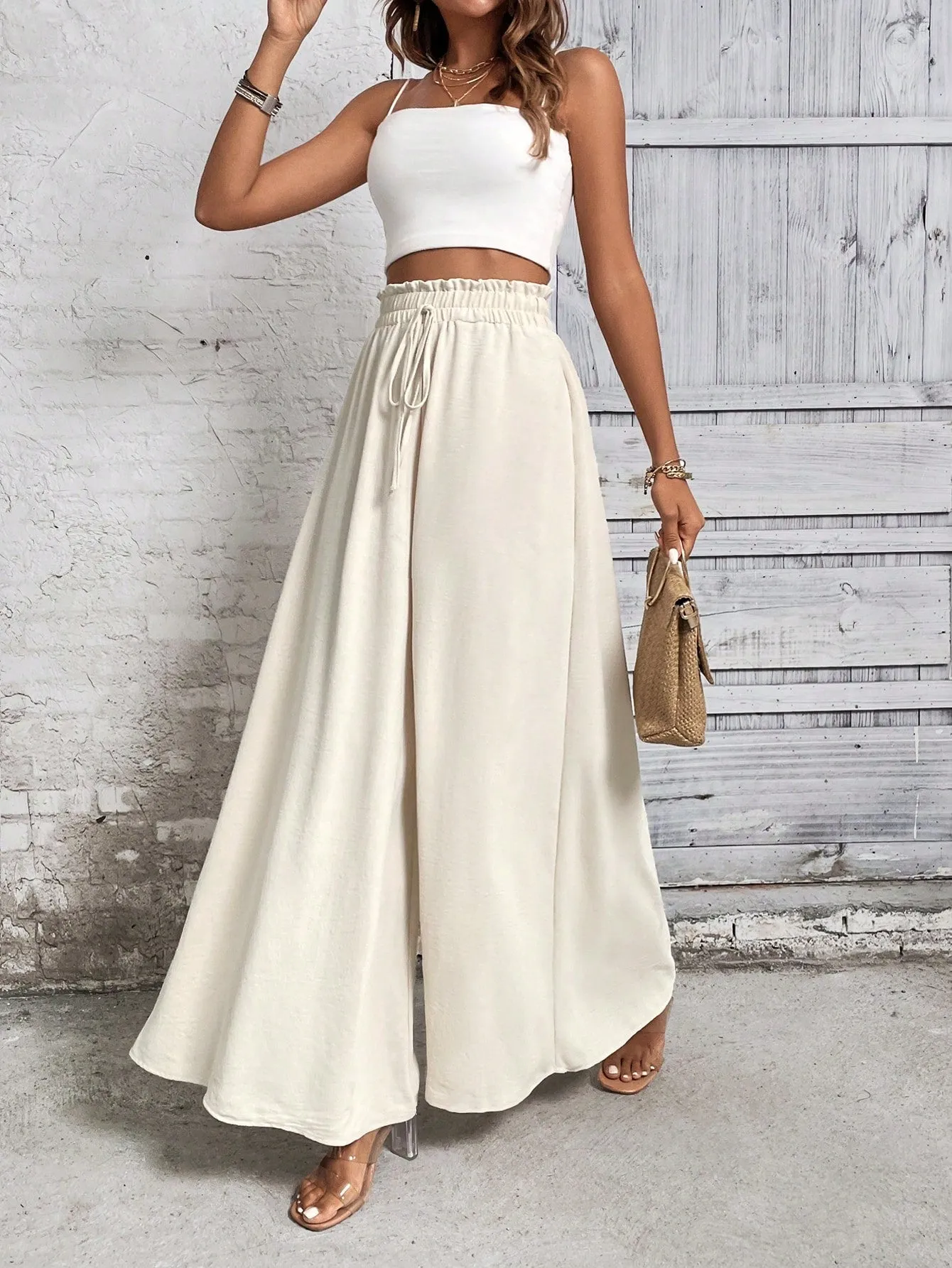 SHEIN LUNE Paperbag Waist Knot Front Wide Leg Pants