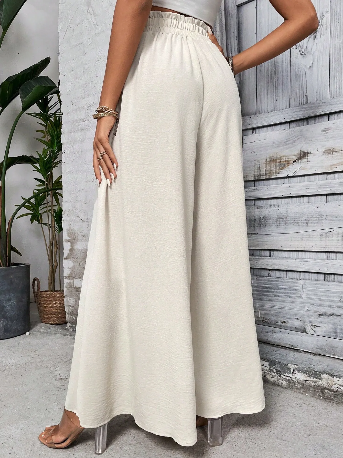 SHEIN LUNE Paperbag Waist Knot Front Wide Leg Pants