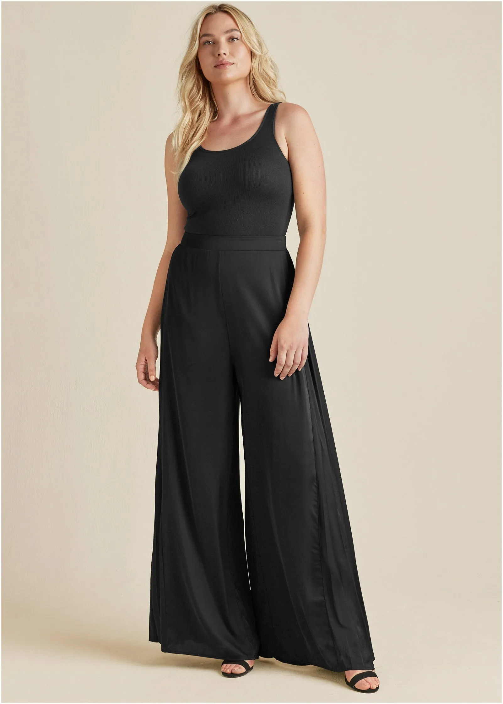 Side Pleat Wide Leg Pants - Black