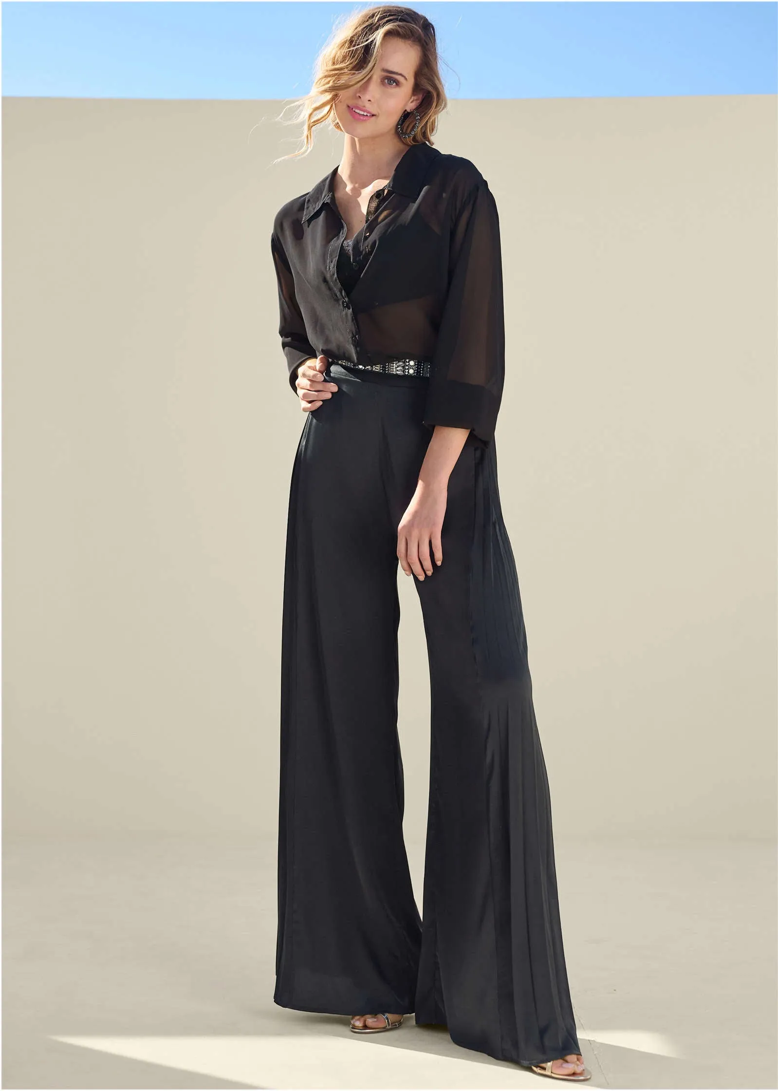 Side Pleat Wide Leg Pants - Black