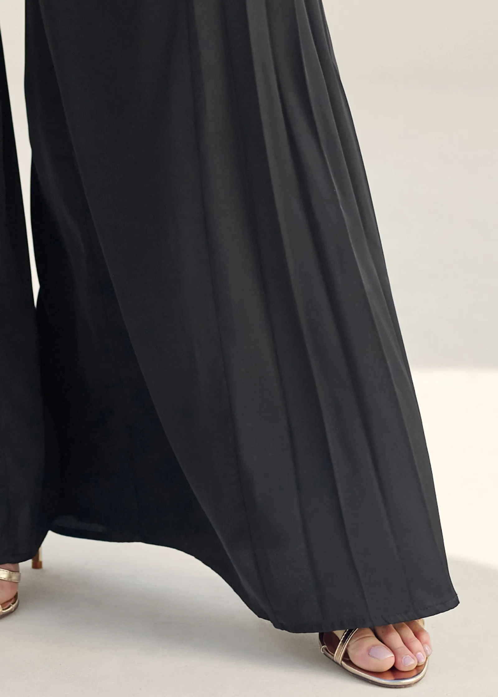 Side Pleat Wide Leg Pants - Black