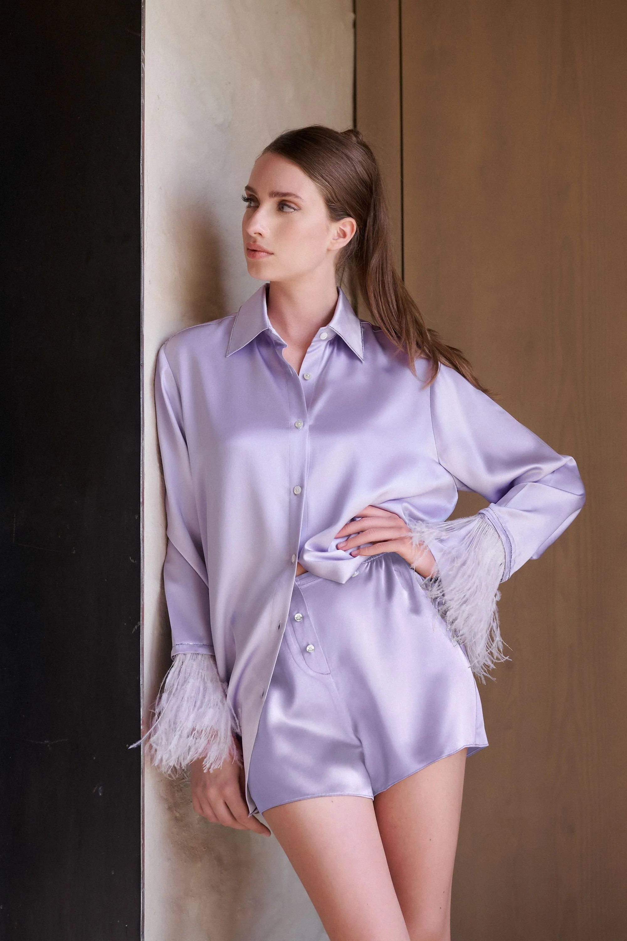 Silk Crystal Feather Lilac Shirt