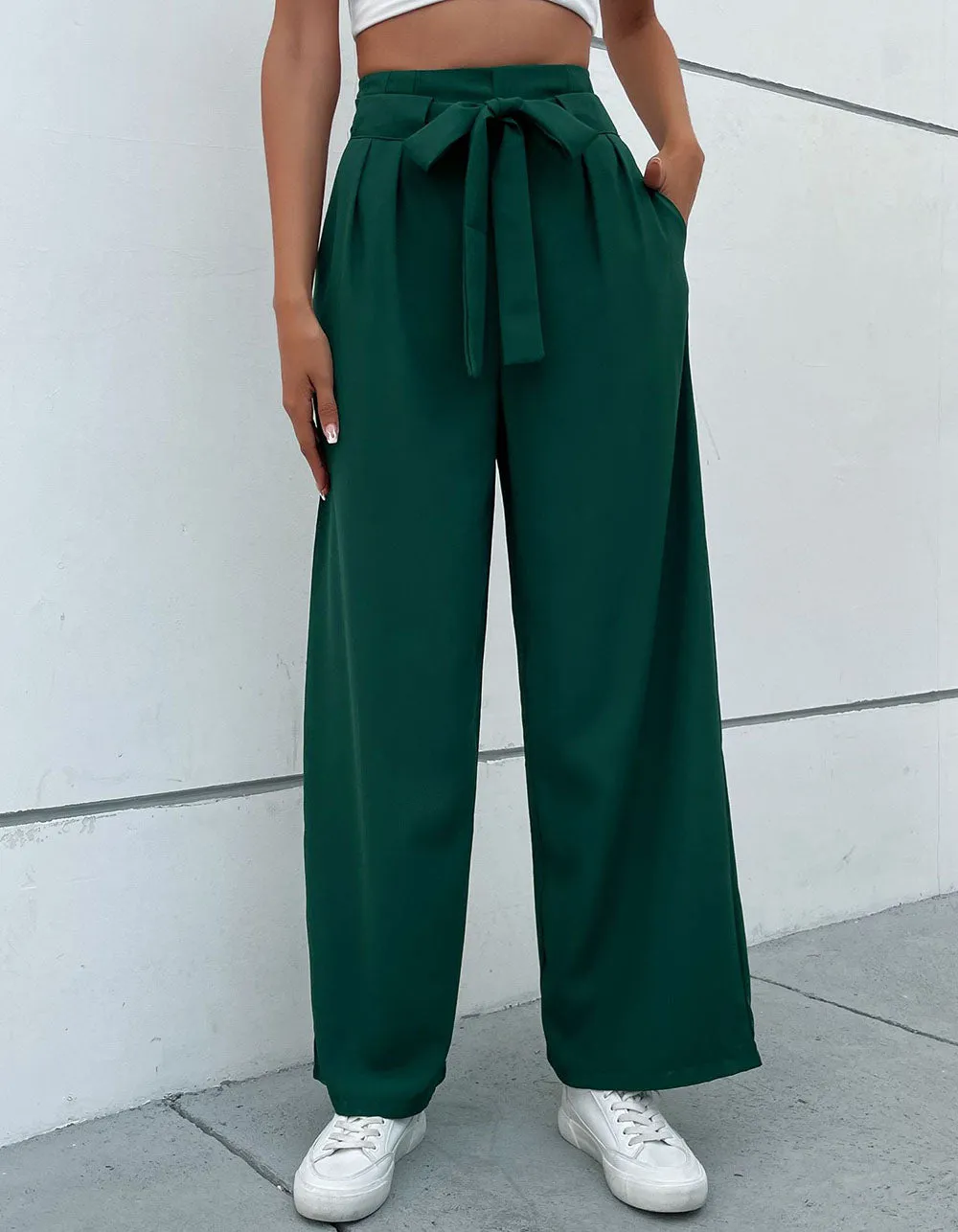 Solid-color Belted Pocket OL Wide-Leg Pants