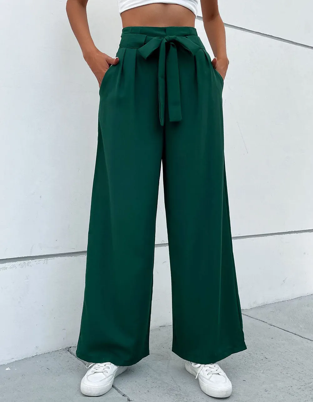 Solid-color Belted Pocket OL Wide-Leg Pants