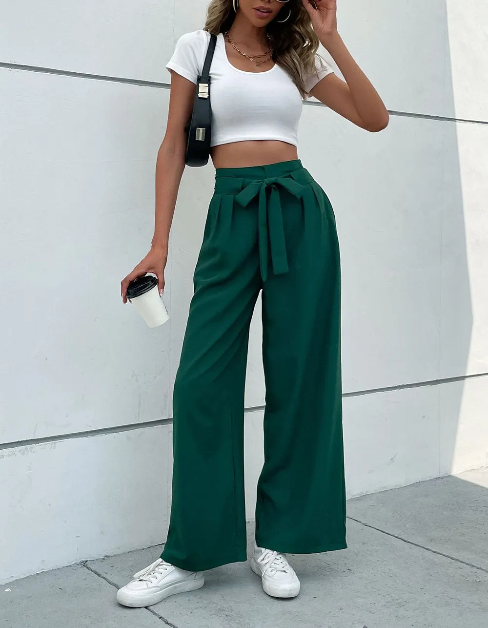 Solid-color Belted Pocket OL Wide-Leg Pants