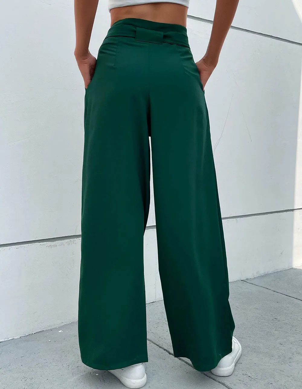 Solid-color Belted Pocket OL Wide-Leg Pants