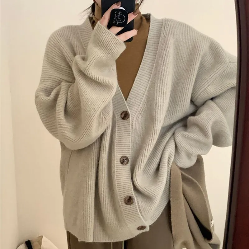 Toleet 90s streetwear 2024 Autumn and Winter Gentle Lazy Retro Style Large V-neck Knitted Cardigan Loose plus Size Coat