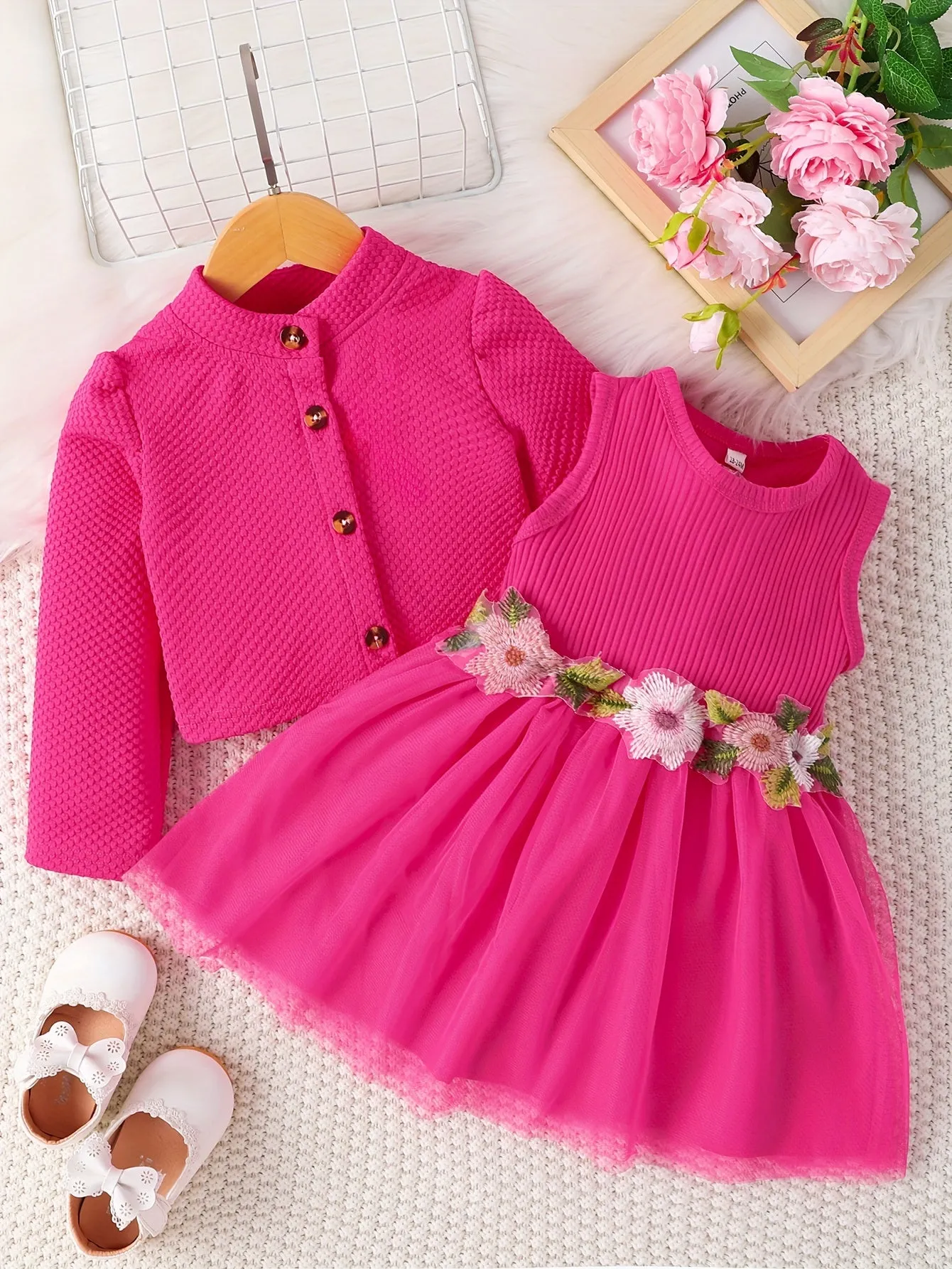 Two-Piece Set: Puff Skirt Dress and Long-Sleeve Buttoned Coat