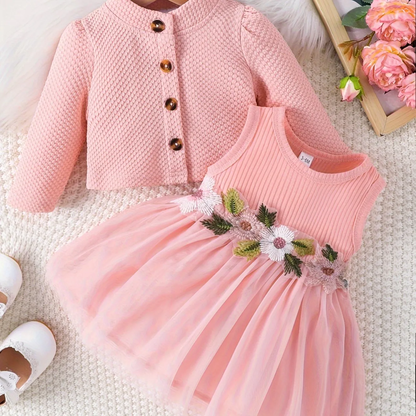 Two-Piece Set: Puff Skirt Dress and Long-Sleeve Buttoned Coat