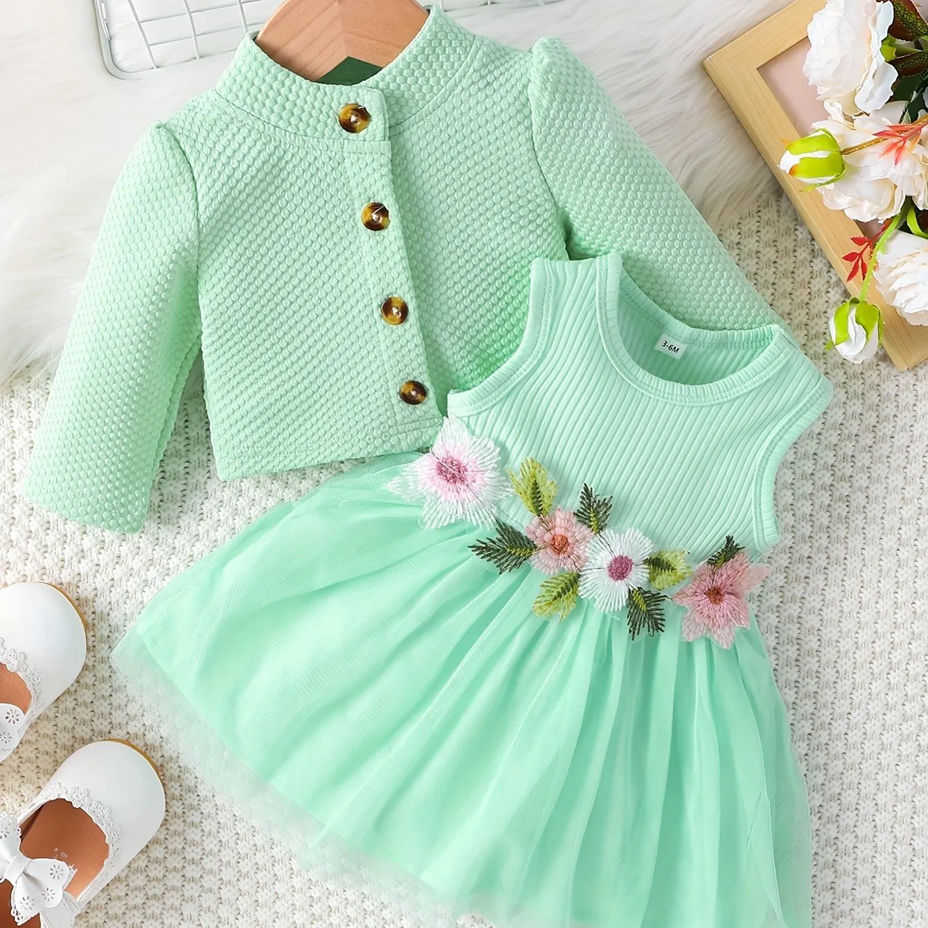 Two-Piece Set: Puff Skirt Dress and Long-Sleeve Buttoned Coat