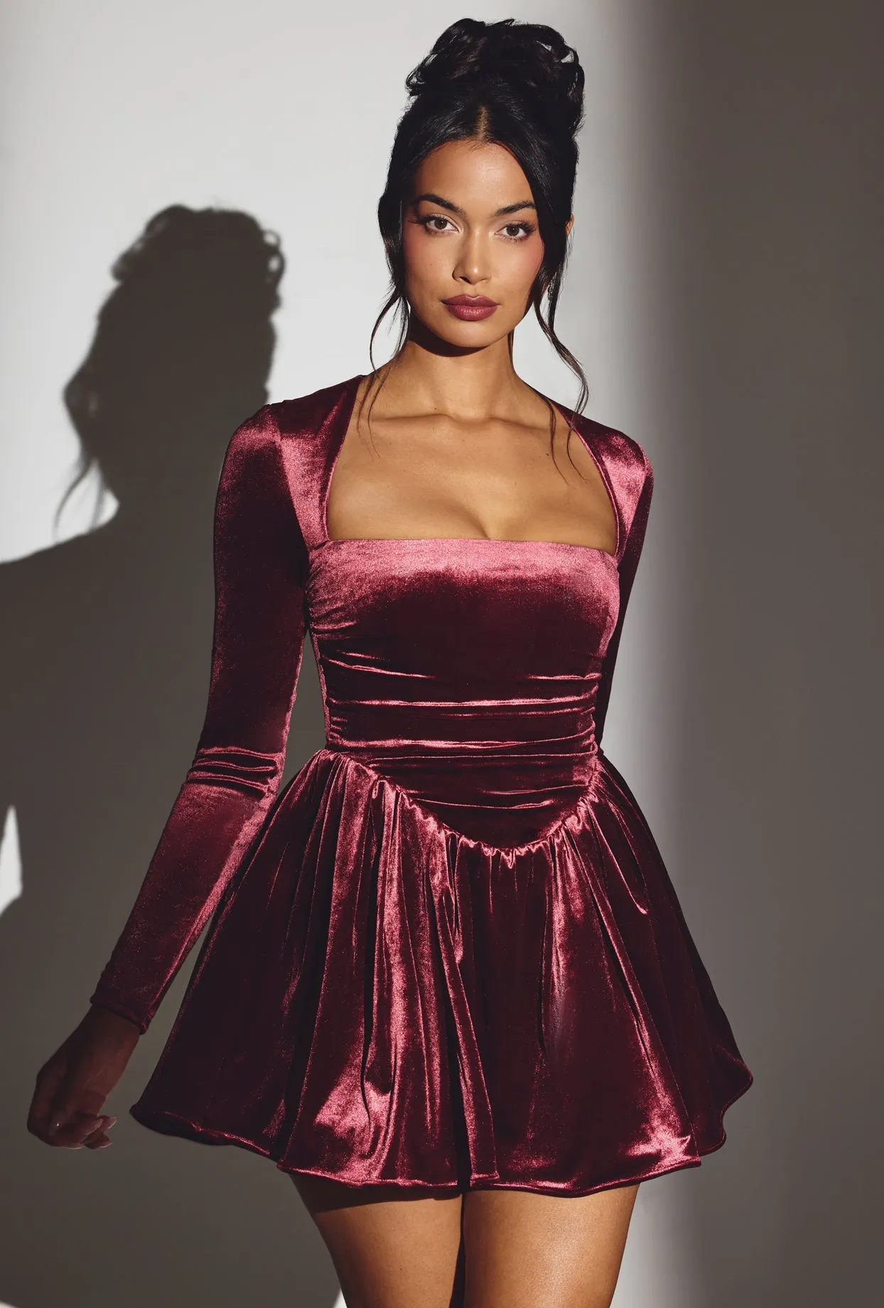 Velvet Long Sleeve Corset Mini Dress in Wine