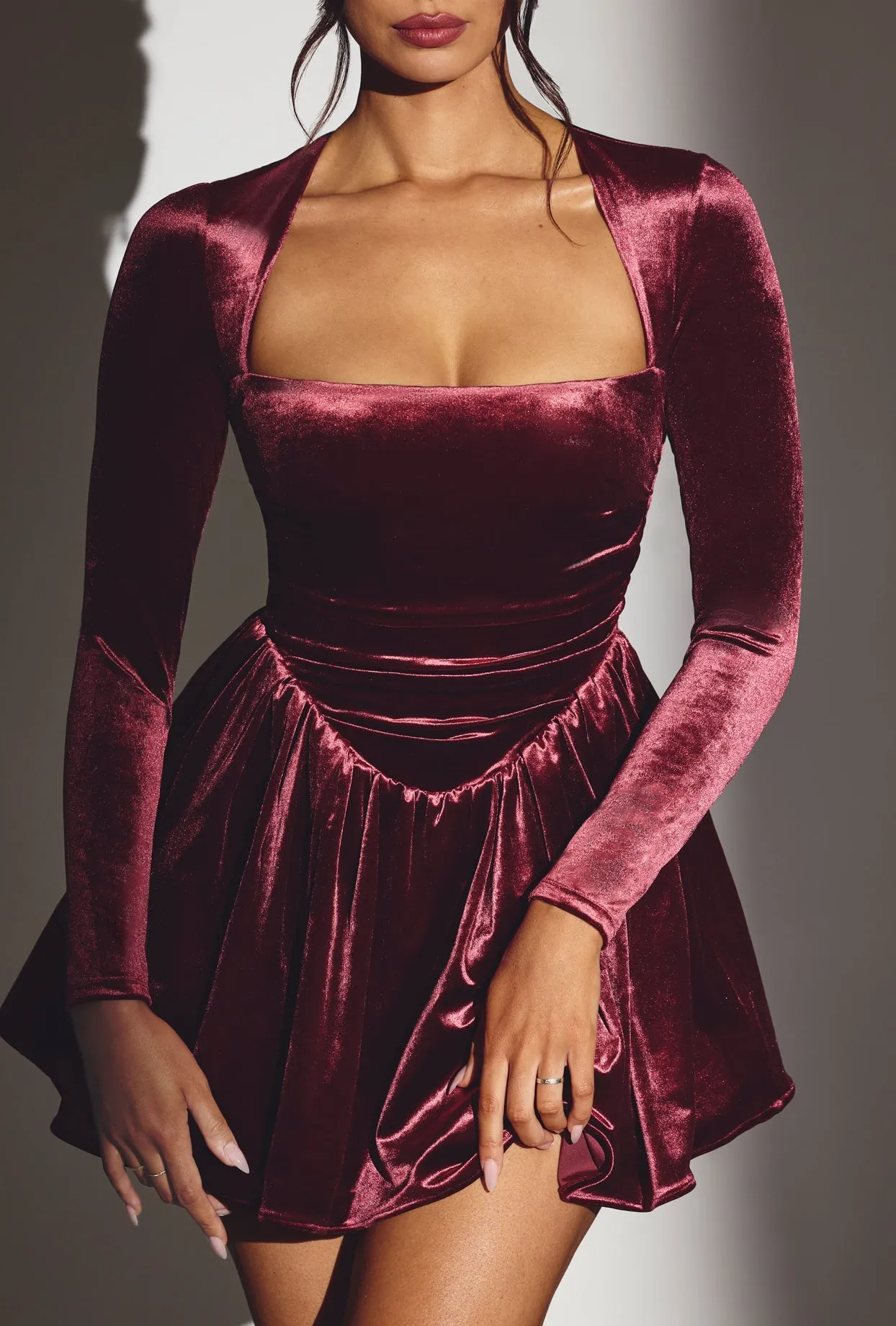 Velvet Long Sleeve Corset Mini Dress in Wine